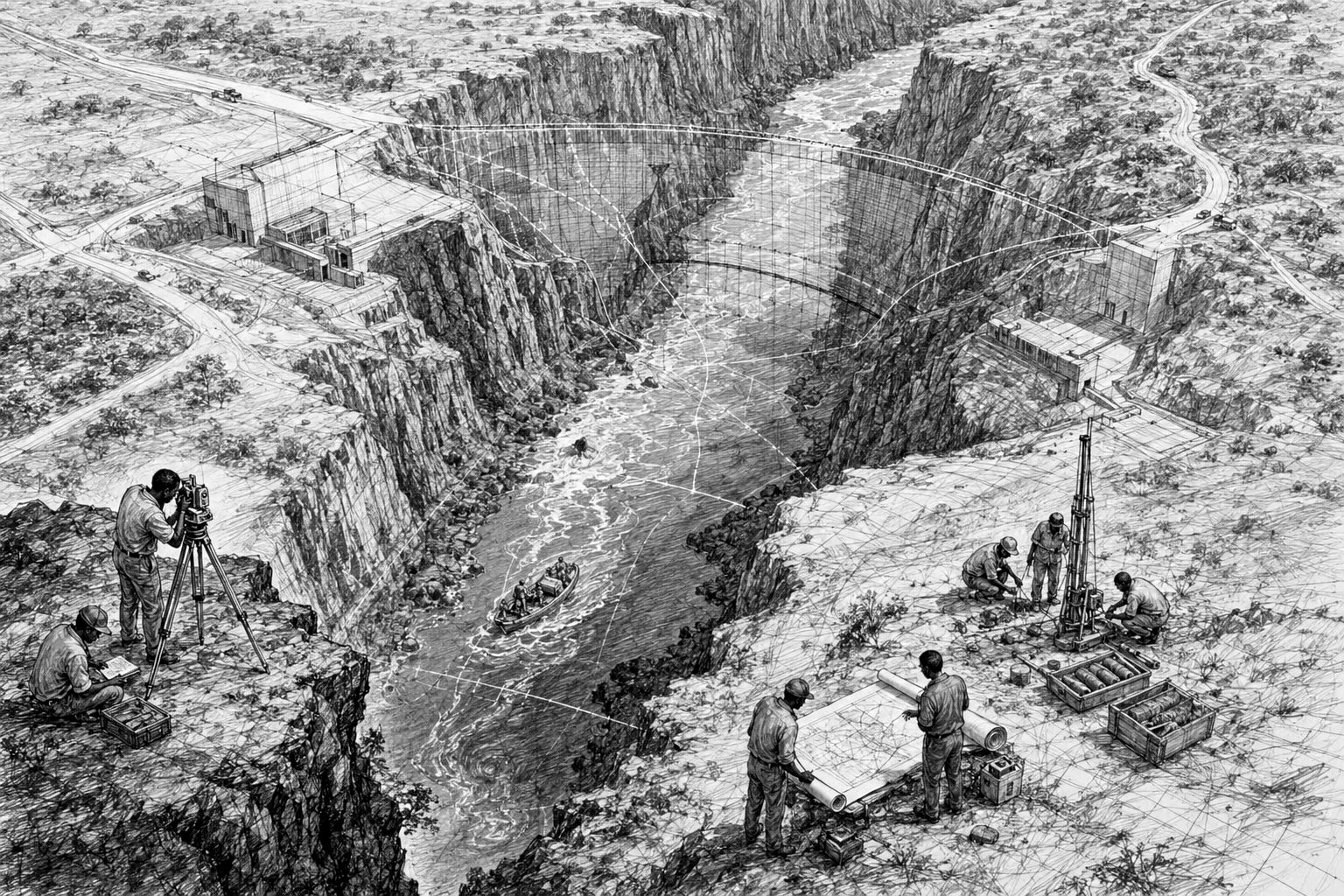 Black and white sketch of surveyors mapping the proposed Batoka Gorge dam site