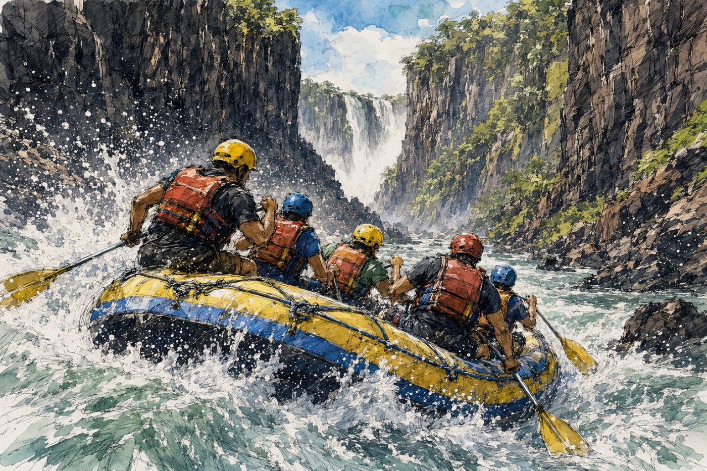 Sketch of white-water rafting through Batoka Gorge