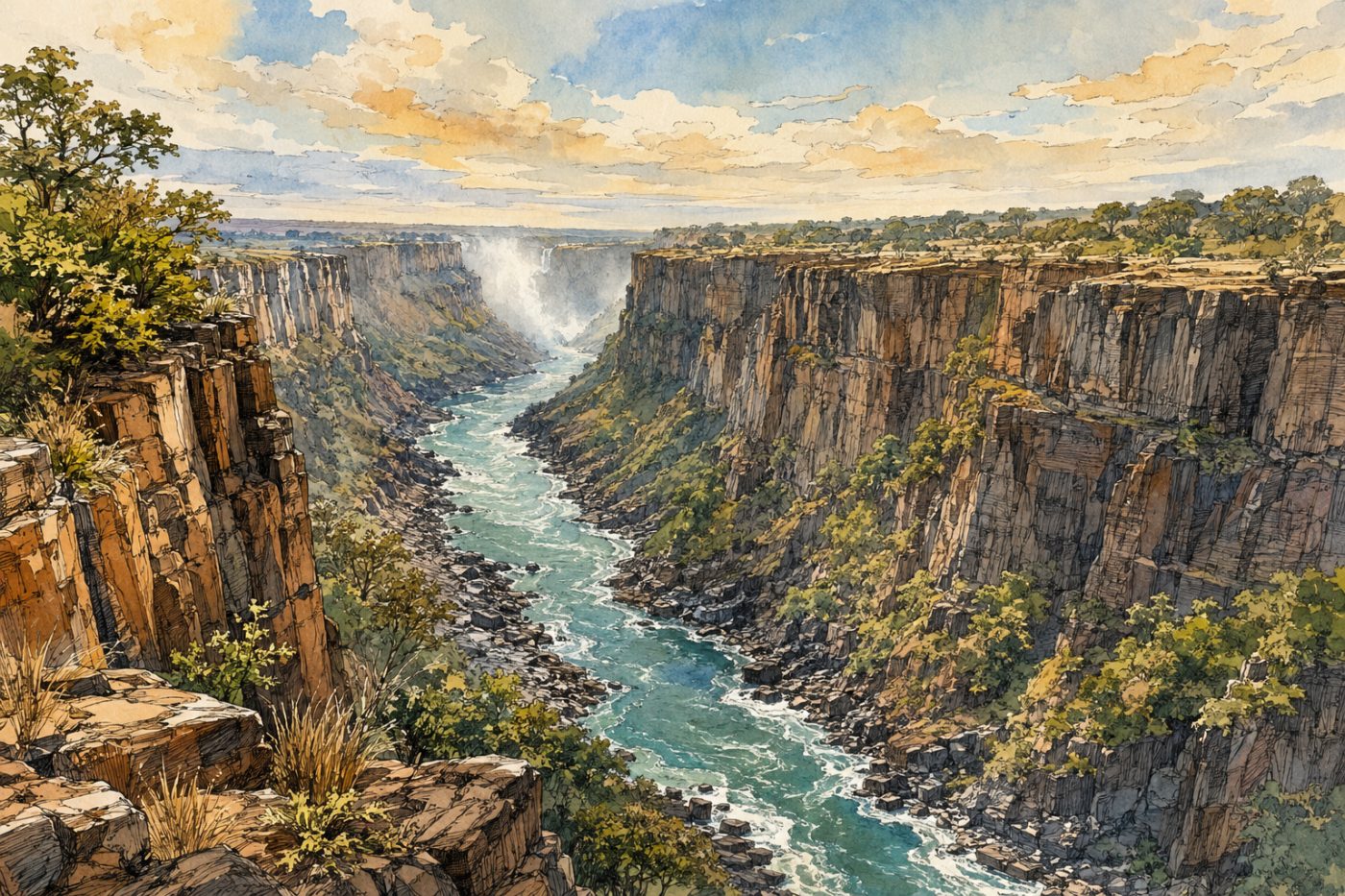 Sketch of the Zambezi River flowing through Batoka Gorge cliffs