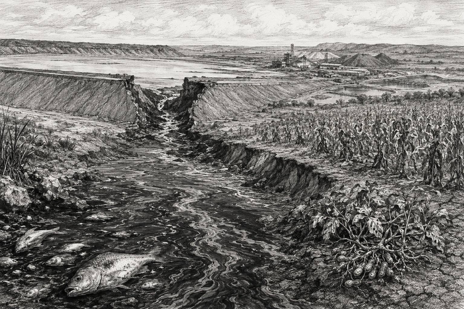 Black and white sketch of polluted river water, dead fish, damaged crops, and mining activity near Chambishi