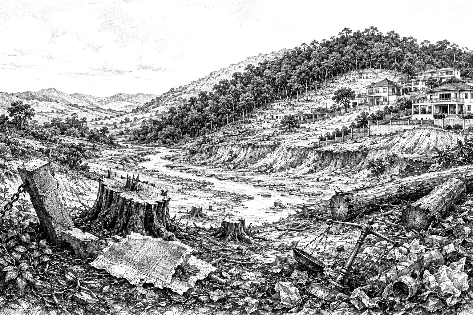 Black and white sketch of deforestation and hillside development in the Chipata Forestry area