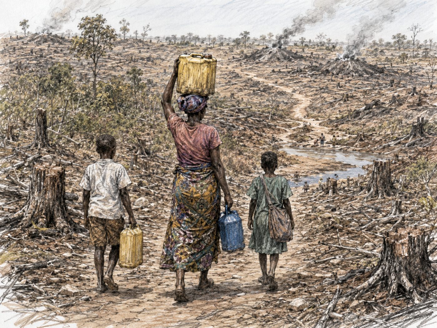 Sketch of a woman and children walking through deforested land with water containers
