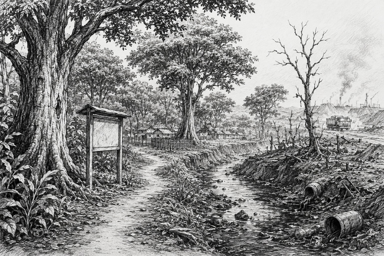 Black and white sketch of a Kasempa landscape with forest, a stream, settlement, and nearby mining activity