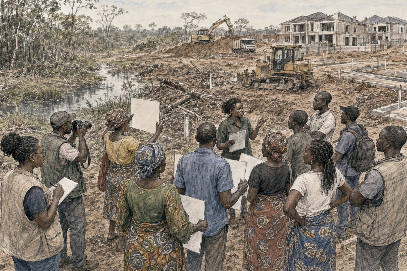 Sketch of community members documenting land clearing and construction in Forest 27