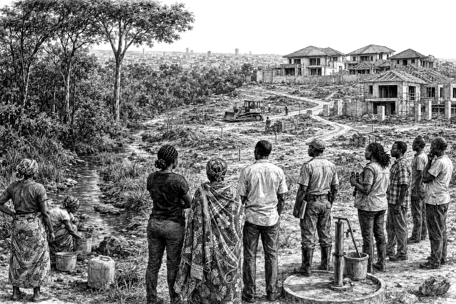 Black and white sketch of community members facing Forest 27 clearing and property development in Lusaka