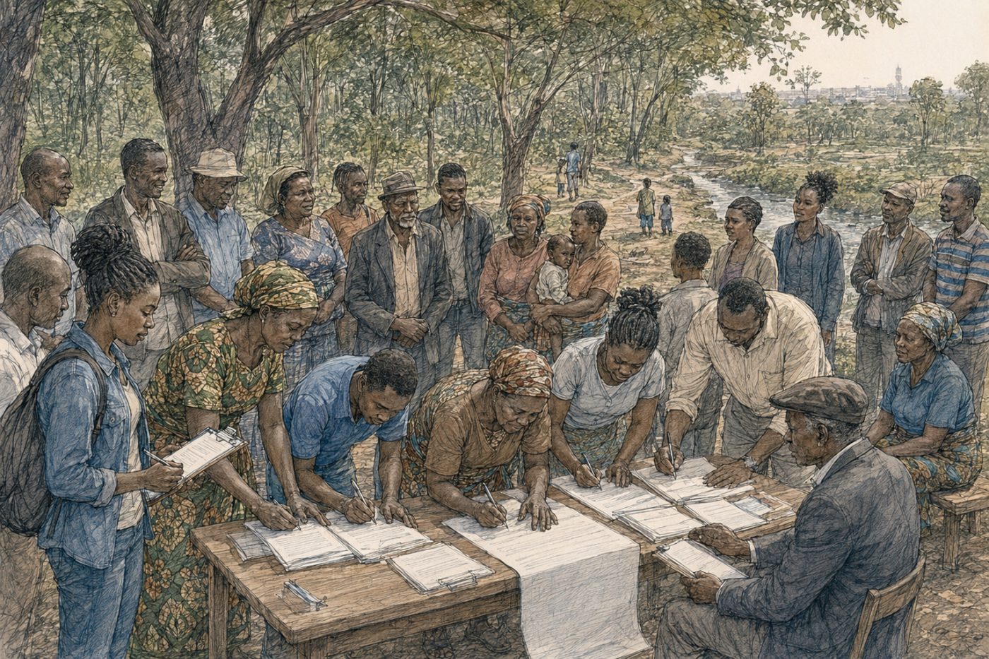Sketch of Forest 27 community members signing documents under trees near a waterway