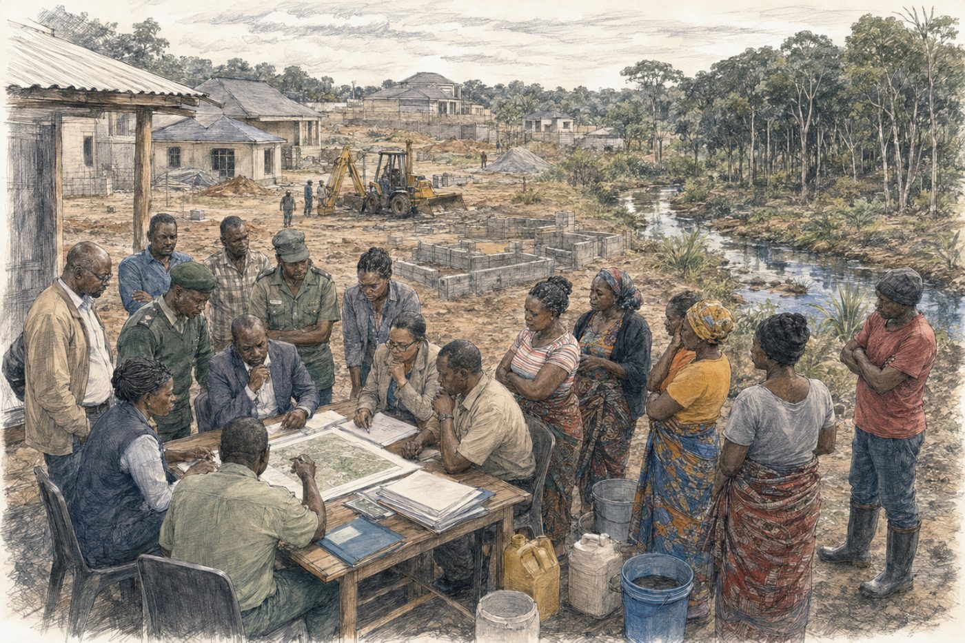 Sketch of Forest 27 stakeholders reviewing maps and documents near a stream and construction site