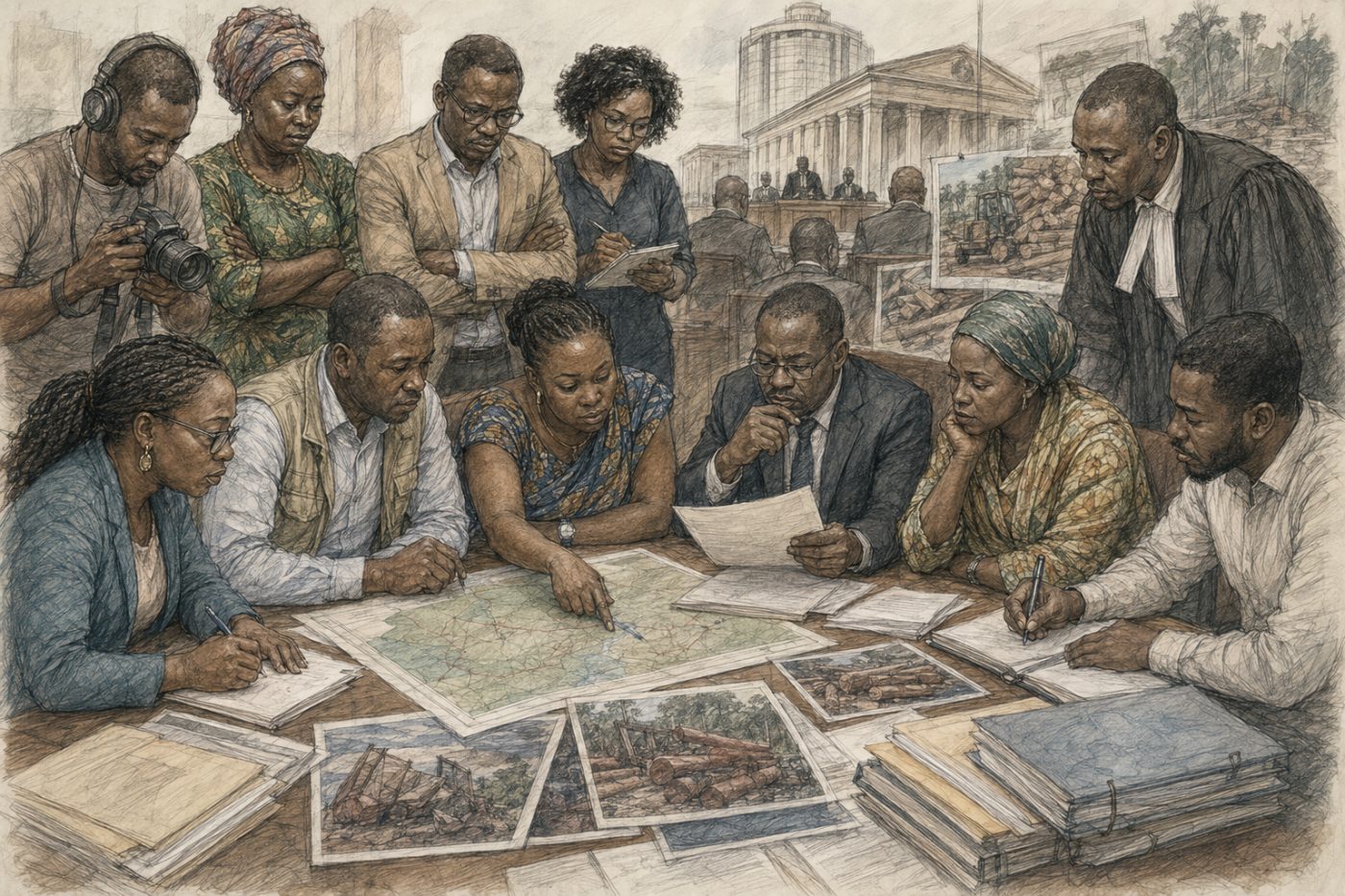 Sketch of investigators reviewing maps, records, and evidence related to mukula logging