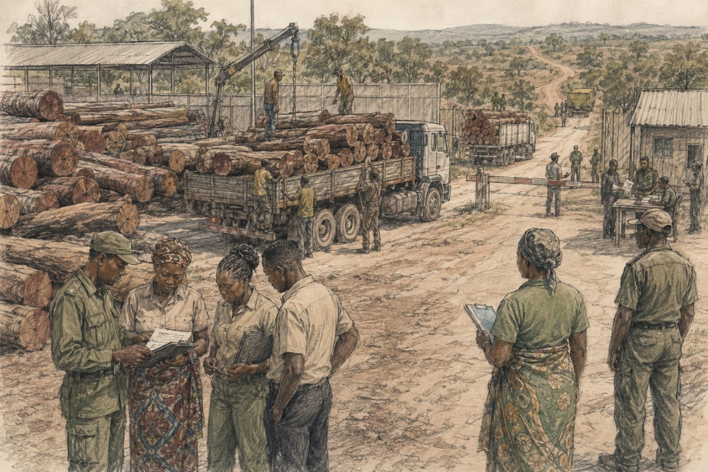 Sketch of mukula timber being loaded onto trucks at a logging yard