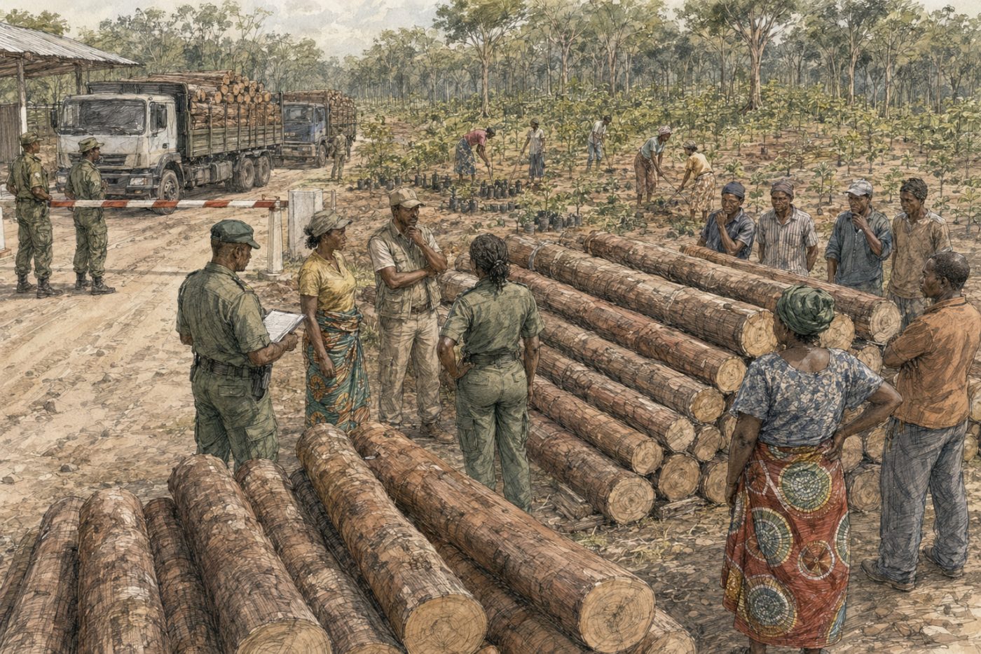 Sketch of officials inspecting mukula logs and trucks at a checkpoint