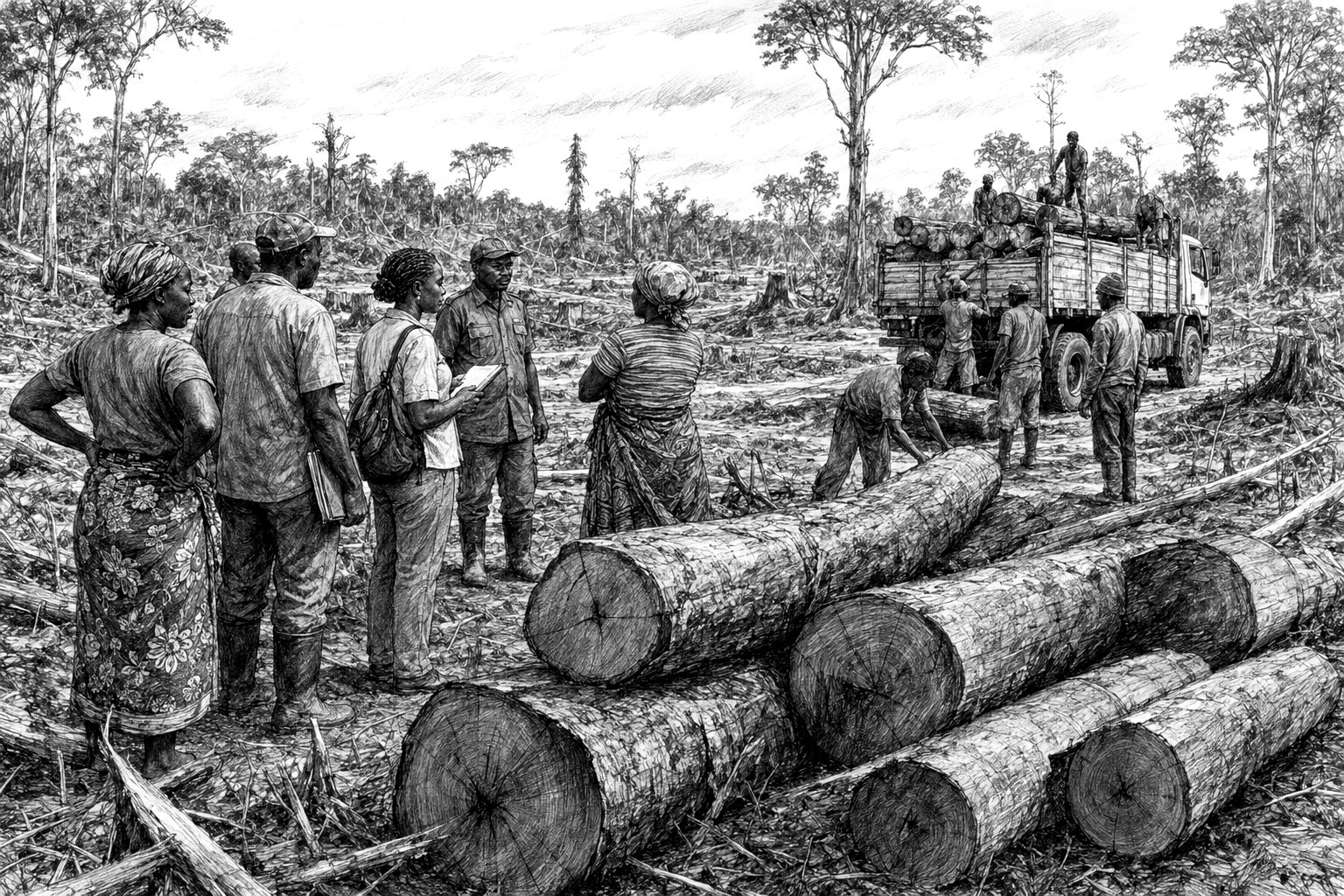 Black and white sketch of mukula logs and officials at an illegal logging site in Luapula