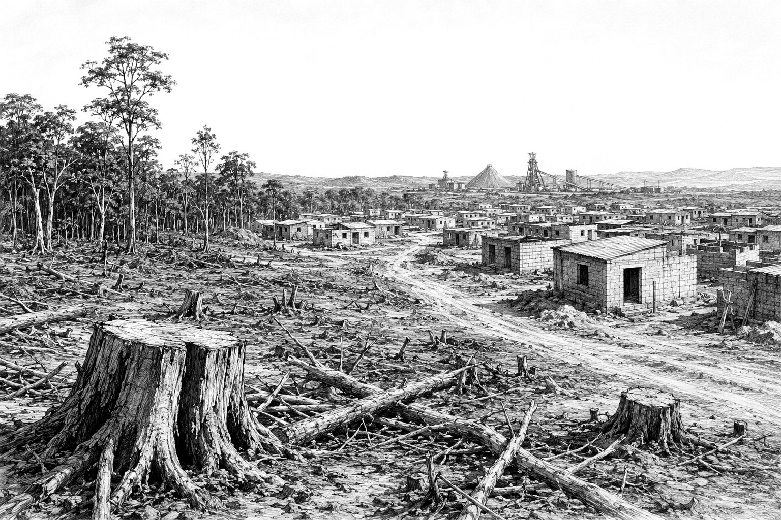 Black and white sketch of deforested land, settlement growth, and mine infrastructure near Kalumbila