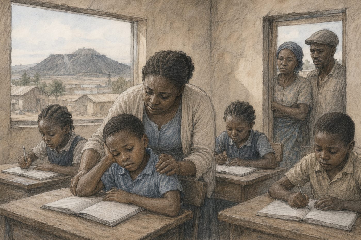 Sketch of Kabwe pupils in a classroom near mine waste
