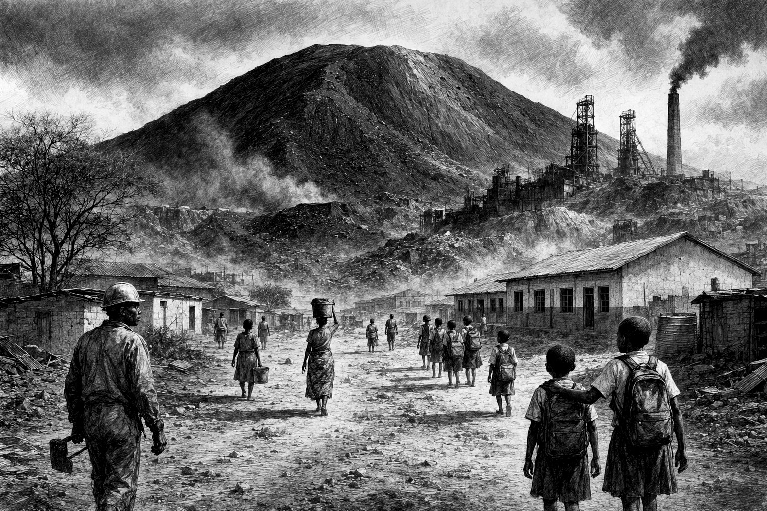 Black and white sketch of Kabwe mine waste and settlement near the former lead mine