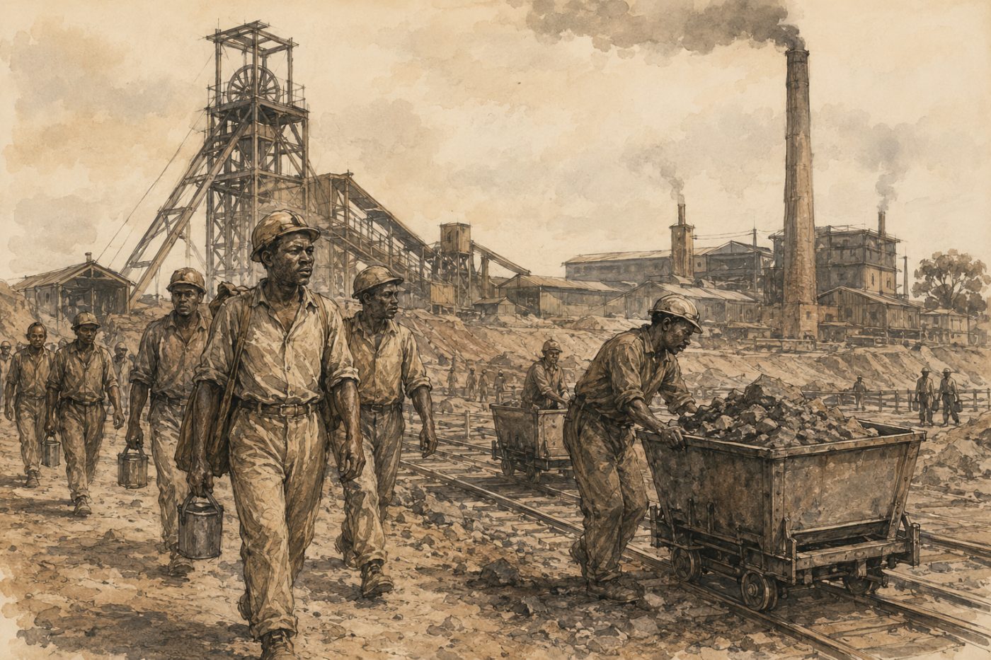 Sketch of miners around the former Kabwe mine