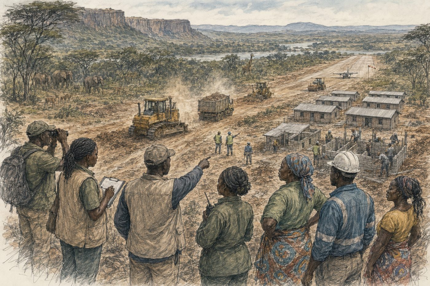 Sketch of conservation observers watching construction and road works in the Lower Zambezi landscape