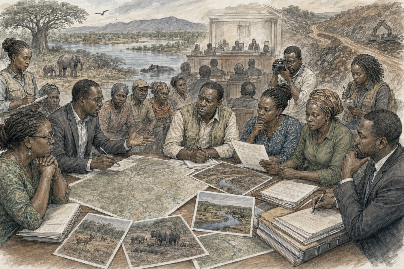 Sketch of advocates reviewing maps, evidence, and legal documents for the Lower Zambezi mining case