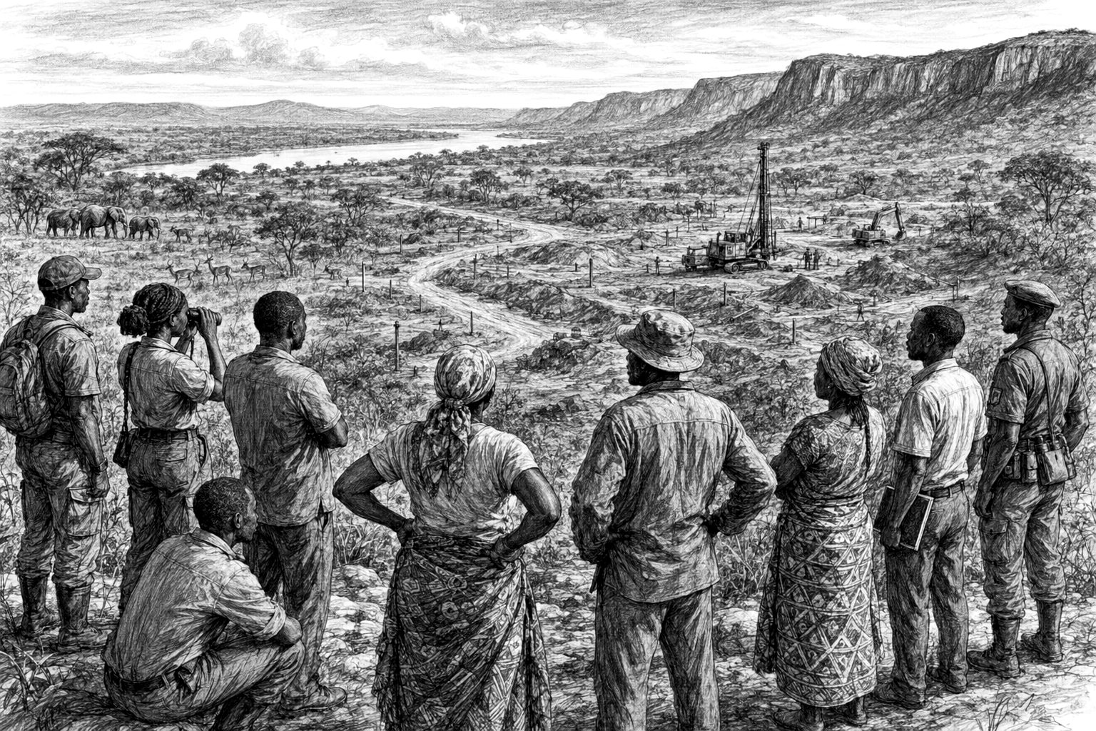 Black and white sketch of community members observing mining works in the Lower Zambezi landscape