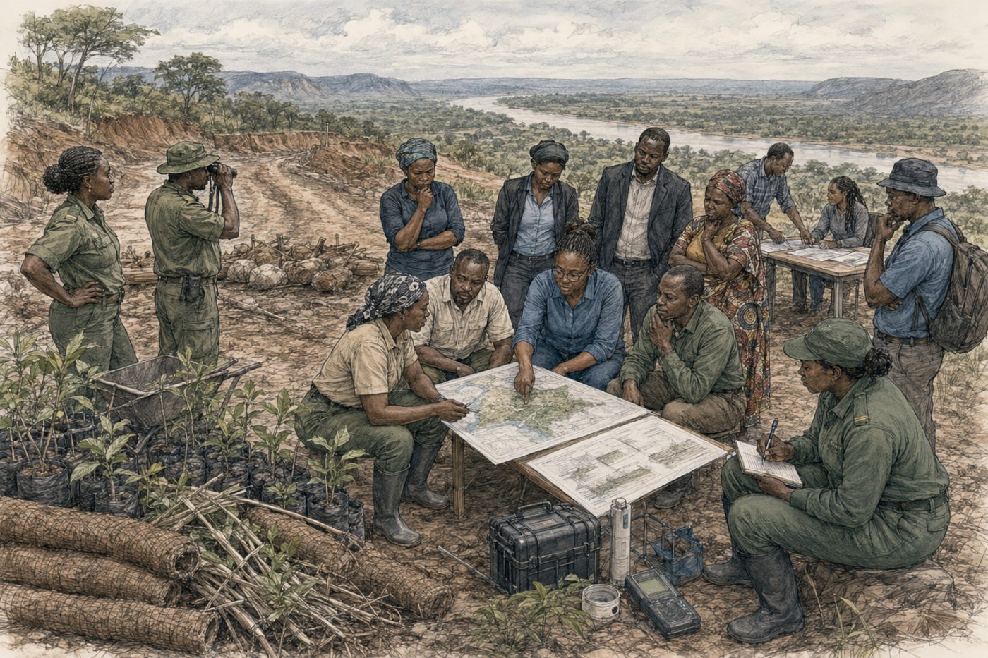 Sketch of officials and community members reviewing restoration plans above the Zambezi River