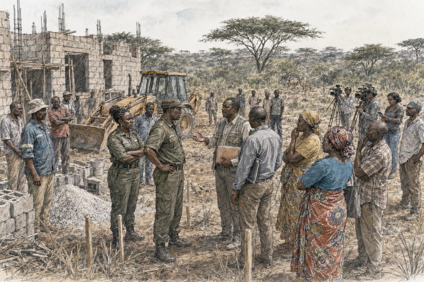Sketch of officials and community members at an illegal construction site near Lusaka National Park