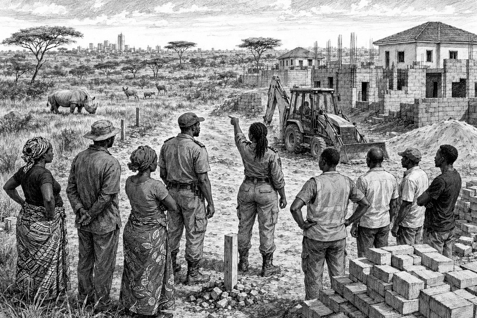 Black and white sketch of construction encroaching near Lusaka National Park wildlife habitat