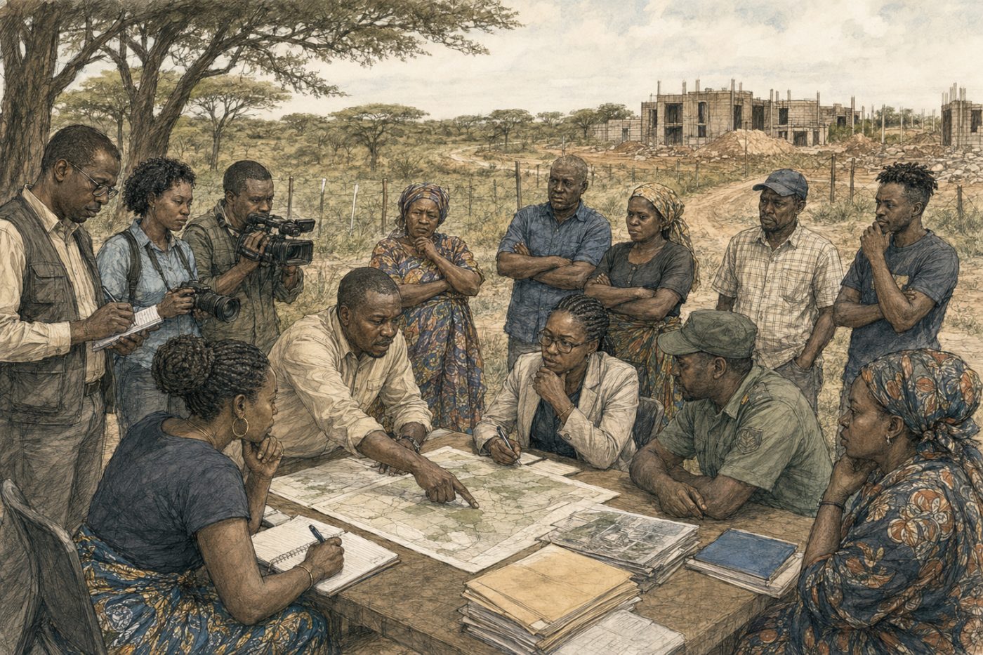 Sketch of community members and officials reviewing maps near Lusaka National Park encroachment