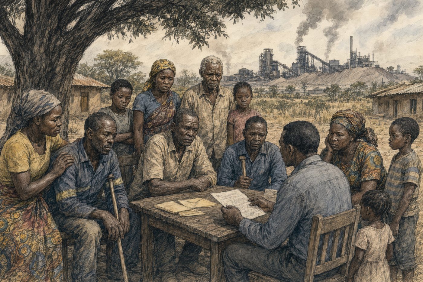 Sketch of Serenje community members discussing manganese mining impacts