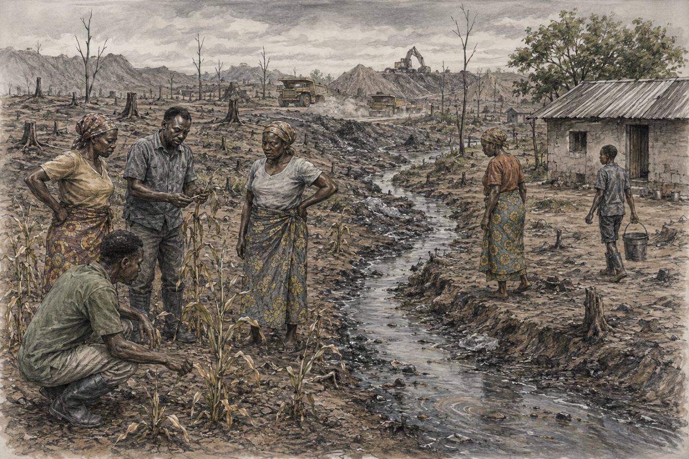 Sketch of crop and water contamination near manganese mining activity in Serenje