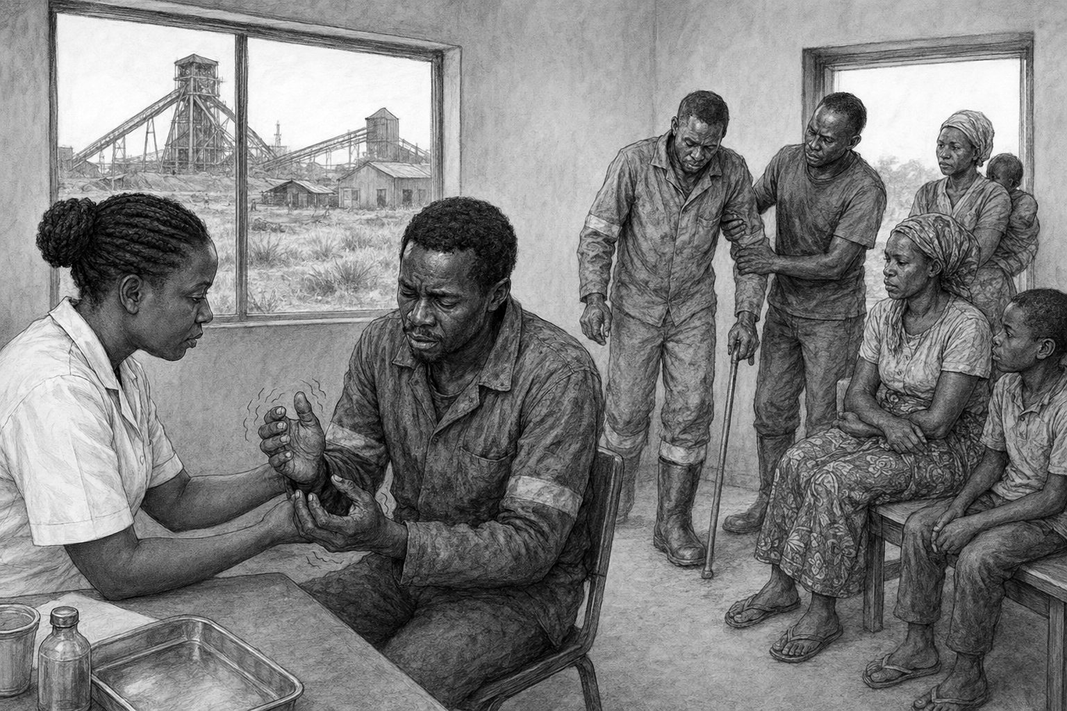 Black and white sketch of a Serenje mine worker being examined for manganese poisoning symptoms